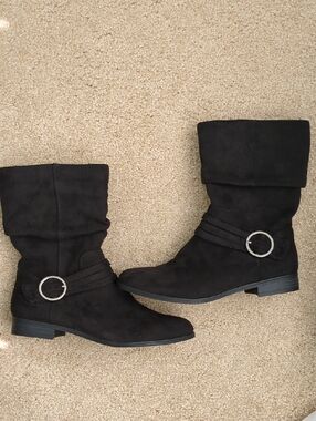 Dr. Scholl's Black Suede-Look Boots with Silver Buckle